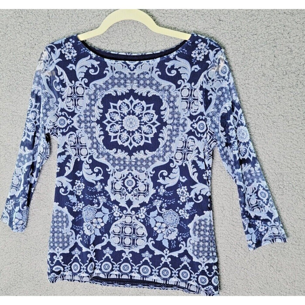 Charter Club Womens Top  P Medium Stretch Knit Dark Blue Light Blue Medallion